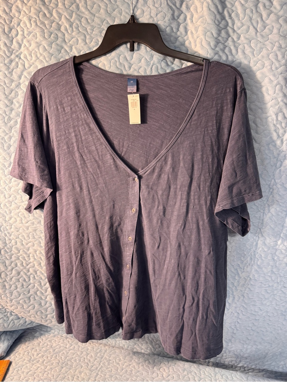 V-Neck Button Front Tee in dusty blue